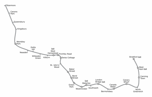 Geographically accurate map of the Jubilee Line