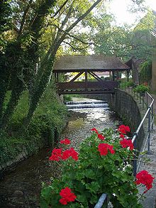A small river runs between tree lined banks. Geraniums bloom in flower boxes hanging from a fence.