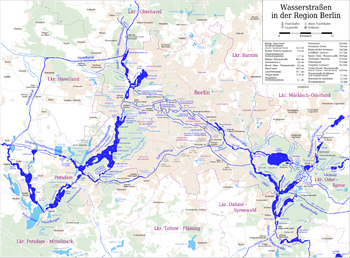 Der Britzer Verbindungskanal auf einer Karte der Wasserstraßen in der Region Berlin