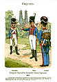 Grenaderuniformer fra Bayern 1814 (Königlich Bayerisches Grenadier-Garde-Regiment). Soldaten med tornister på ryggen har «moderne» langbukser. Illustrasjon: Richard Knötel: Uniformenkunde, 1890