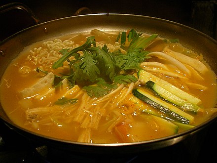 Budae jjigae, a spicy stew originated during the Korean War.