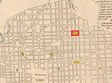 Detail of L'Enfant's 1791 plan for Washington with Square No. 15 outlined in red L'Enfant Plan 1791 Square No 15.jpg