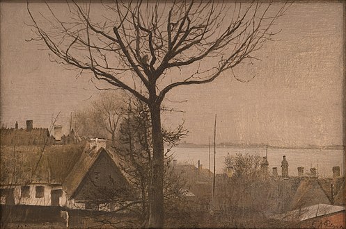 Udsigt over fjorden med nøgent træ. Sankt Jørgensbjerg, 1930