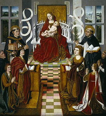 Virgin of the Catholic Monarchs (c. 1491–93). The Virgin Mary (center), with St Thomas Aquinas symbolically holding the Catholic Church and St Domingo de Guzmán, Spanish founder of the Dominican Order, with a book and a palm frond. Ferdinand is with the prince of Asturias and the inquisitor; Isabella with their daughter, Isabel de Aragón.