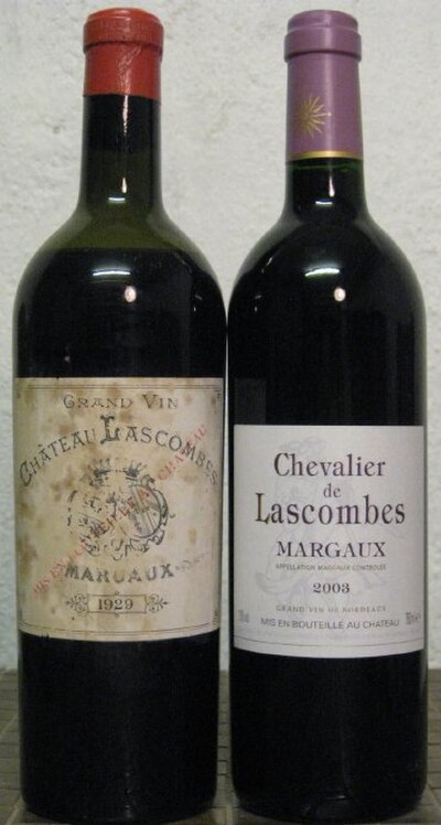 The Grand vin and Second vin of the Second Growth estate Château Lascombes; the Second vin is called Chevalier de Lascombes.