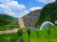The serrated weir spillway of the Li-Yu-Tan Reservoir, located in Sanyi Township, Miaoli County, Taiwan.