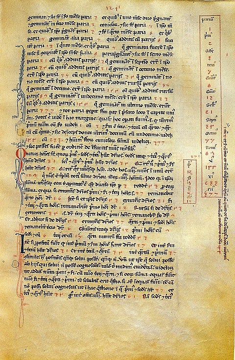 A page of Fibonacci's Liber Abaci from the Biblioteca Nazionale di Firenze showing (in box on right) the Fibonacci sequence with the position in the sequence labeled in Latin and Roman numerals and the value in Hindu-Arabic numerals.
