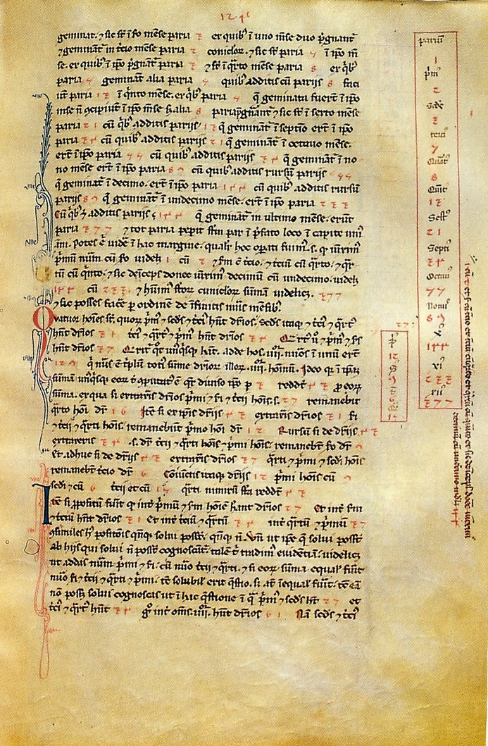 A page of Fibonacci's Liber Abaci from the Biblioteca Nazionale di Firenze showing (in box on right) 13 entries of the Fibonacci sequence: the indices from present to XII (months) as Latin ordinals and Roman numerals and the numbers (of rabbit pairs) as Hindu-Arabic numerals starting with 1, 2, 3, 5 and ending with 377.