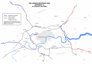 Plan of Ringway 1 showing the parts of the central area scheme that were built. Blue lines are roads built as planned, red lines those built later. Roads shown in grey were never built. London Motorway Box 1960s Plan.png