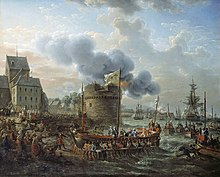 Louis XVI visiting Cherbourg in June 1786, on the occasion of the work to put in place a dike (1817 painting) Louis XVI visitant le port de Cherbourg en 1786.jpg