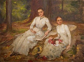 Two women in white seated in wooded glade.