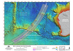 mapa batimétrico del Océano Índico meridional, al oeste de Australia, se superpone el 7 de arco BTO, la amplia área de búsqueda, y las regiones que los dos buques buscaría (situado a lo largo del arco en la parte sur de la amplia búsqueda de área)