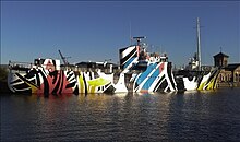 MV Fingal painted in a dazzle pattern designed by the artist Ciara Phillips as part of the commemorations marking 100 years since the battle of Jutland