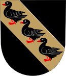 Three black-colored ducks in the coat of arms of Maaninka Maaninka.vaakuna.svg