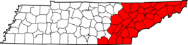 The counties of East Tennessee highlighted in red