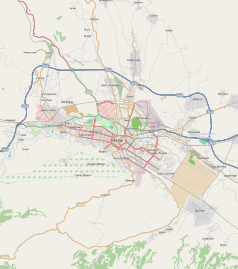 Mapa konturowa Skopje, blisko centrum na lewo znajduje się punkt z opisem „Skopsko Kale”