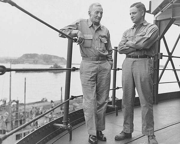"Jack" McCain alongside his father, Admiral John S. "Slew" McCain Sr., on board a U.S. Navy ship in Tokyo Bay, September 2, 1945.