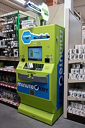A minuteKEY fully-automated self-service key duplication kiosk at a Menards in Gillette, Wyoming MinuteKEY key duplication kiosk at a Menards in Gillette, Wyoming.jpg