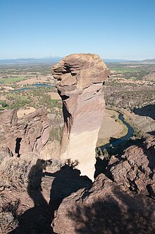 The East Face of Monkey Face at Smith Rock containing Just do it, 8c+ / 5.14c, established by Tribout in 1992 and at the time considered the hardest route in the USA. Monkey Face - Smith Rock, Oregon.jpg