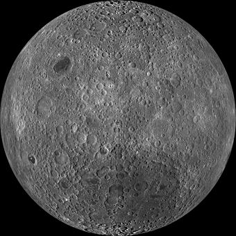 This full disk is nearly featureless, a uniform grey surface with almost no dark mare. There are many bright overlapping dots of impact craters.