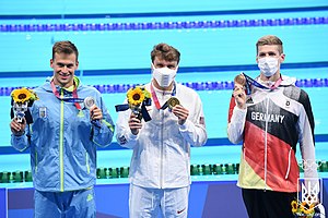 Mykhailo Romanchuk, Robert Finke and Florian Wellbrock with their Olympic medals at Tokyo 2020.jpg