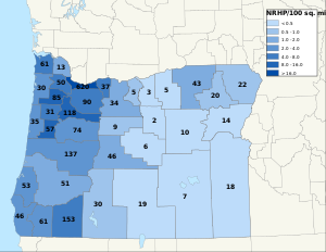 Distribution of listings by county, September 2014. NRHP Oregon Map.svg