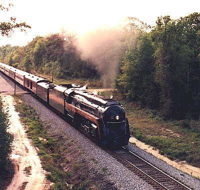 A Norfolk and Western class J streamlined steam locomotive (No. 611) operating in excursion service (1992)