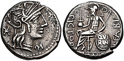Denarius of Numerius Fabius Pictor, 126 BC. On the obverse is the head of Roma; on the reverse is Quintus Fabius Pictor, the praetor of 189, holding an apex and shield inscribed QVIRIN, alluding to his status of Flamen Quirinalis. Numerius Fabius Pictor, denarius, 126 BC, RRC 268-1b.jpg