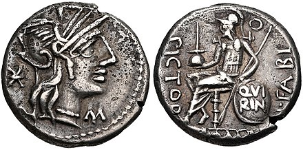 Denarius of 126 BC; on the right is the flamen Quirinalis with QVIRIN on his shield.