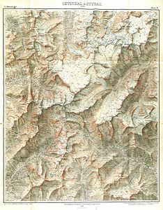 old map, Alte Karte aus dem Jahr 1893, oberes und mittleres Schnalstal, "Salurn Sp." (Saldurspitze), Zerminiger Spitze