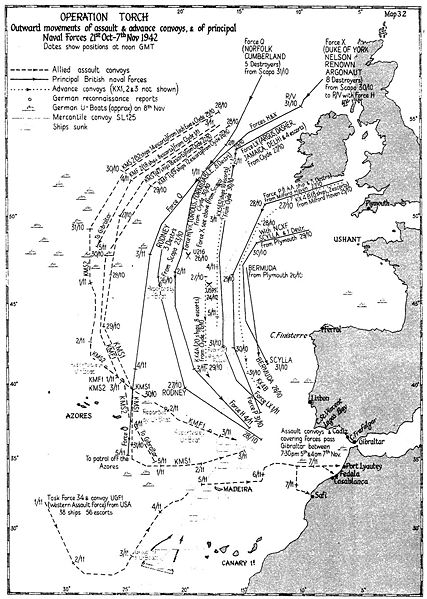 Allied convoys heading from the British Isles to North Africa