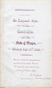 Title page of the Oregon state constitution, 1857 Oregon Constitution 1857 title page.jpg