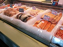 Fish counter display at the Oulu Market Hall in Oulu, Finland. Oulu Market Hall 20170617 04.jpg