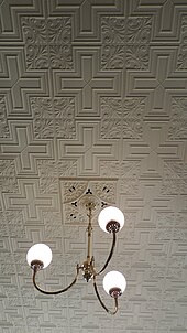 Pressed metal ceiling with fleur-de-lis and Greek cross motifs 2015 Our Lady of Assumption Convent, Warwick - pressed metal ceilings, 2015.jpg