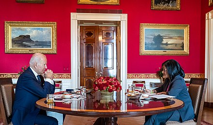 Jayapal meets with President Joe Biden in October 2021 in the Red Room of the White House.