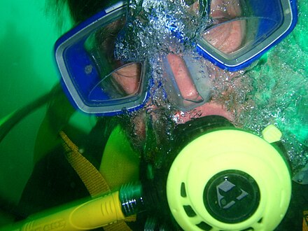 Scuba diver with bifocal lenses in half mask