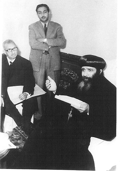 Pope Shenouda III discussing Tel Atrib excavations with Pahor Labib (seated) and Dr Ghalil Mesiha (1962).