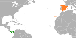 Карта, показваща местоположенията на Панама и Испания