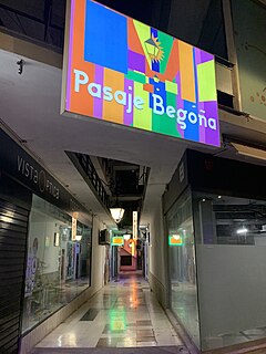 An enclosed alleyway, with neon lights and a rainbow-patterned sign saying "Pasaje Begoña" at the entrance