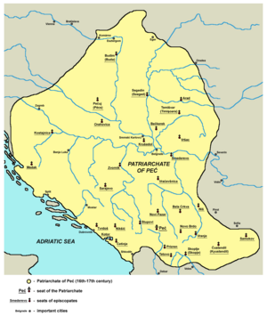 Serbian Patriarchate of Pec (16th-17th century) Patriarchate of Pec in the 16th and 17th century.png