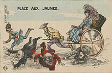 French postcard captioned "Make way for the yellows" shows Japanese imperialism running over four great nations of Europe--Russia, Britain, France, and Germany Place aux jaunes.jpg