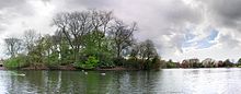 A panorama of the pond and the central island sanctuary Platt Fields Park Panorama.jpg