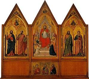 The early 14th century Stefaneschi Triptych. In the central panel is the kneeling figure of Cardinal Stefaneschi ...