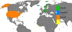 Land hvor Harald (grønt) er mye brukt