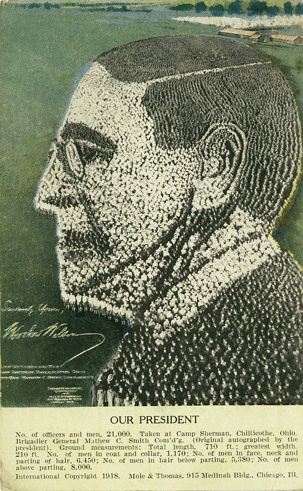 Image of President Woodrow Wilson created by 21,000 standing soldiers at Camp Sherman in Chillicothe, 1918