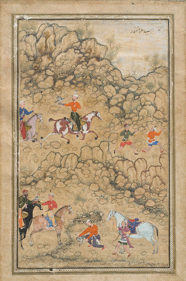 Akbar hawking with Mughal chieftains and nobleman, accompanied by his guardian Bairam Khan