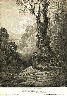 Virgílio (70-19 aC) e Dante olhando para a mulher-aranha, ilustração da  Divina Comédia (Inferno) de Dante Alighieri (1265-1321) Paris, publicada  em