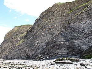 The Quantocks Head Fault, west of Kilve, Somerset, showing the effects of inversion on the earlier normal fault, with folding and thrusting in the hanging wall Quantocks Head Fault.JPG