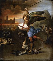 Raphael's earlier treatment of the subject, known as the Little Saint Michael (c. 1504-1505) Raffaello Sanzio - St Michael and the Dragon - WGA18633.jpg