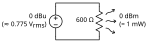 A schematic showing the relationship between dBu (the voltage source) and dBm (the power dissipated as heat by the 600 Ω resistor)